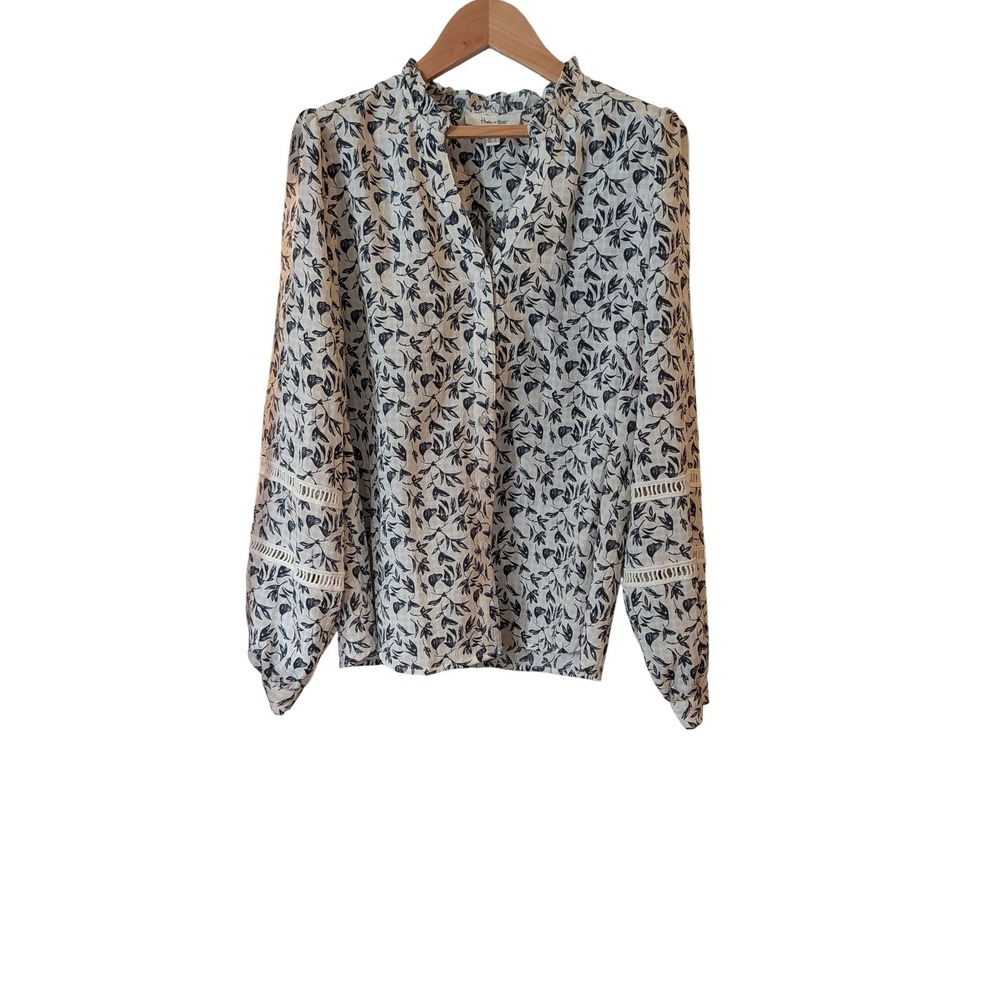 Haver & Blair London Womens Large Blue White Leaf Print Ruffle V-Neck Blouse